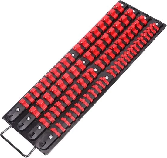 Organizzatore di prese per 80 pezzi, 1/4 pollici, 3/8 pollici, 1/2 pollici, binario di prese robusto, binari neri con clip rosse - rosso