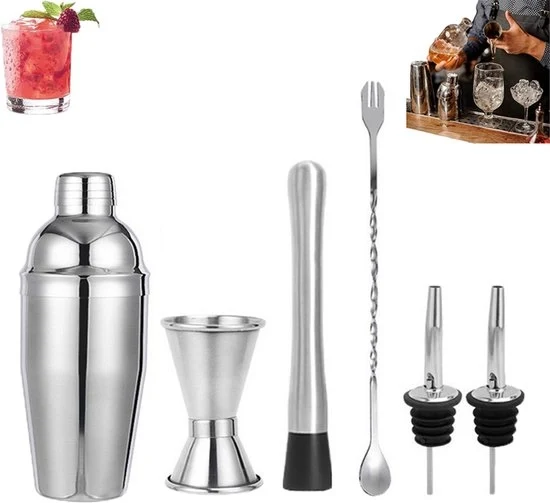 Set di cocktail - 6 pezzi - Set di shaker in acciaio inossidabile - Argento - Mixatore di cocktail - Accessori bar professionali - Accessori bar e accessori - Mixatori in acciaio inossidabile
