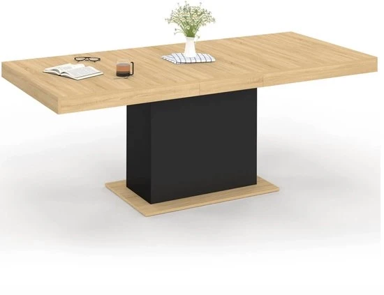 Tavolo da pranzo estensibile 160-200 cm – Tavolo quadrato moderno per 6 a 10 persone – Foglia in look di legno con piede centrale nero – Tavolo da design per cucina e soggiorno