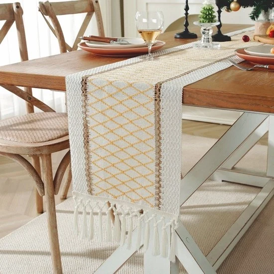Tavolo con tovaglia di lino di cotone a quadretti - 30x183cm - tovaglia da tavolo neutrale bohemien - decorazione di stoffa per campagna - ideale per la decorazione di tavoli, matrimoni, feste e decorazione di cabina di regalo