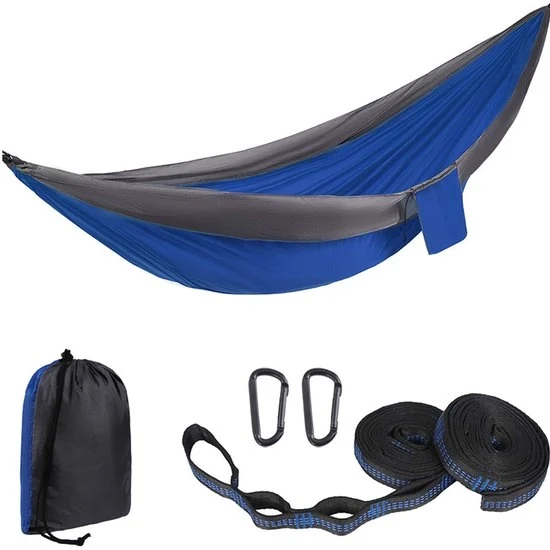 Hangmat da Campeggio - 270x140cm - Materiale Ultralite - Telaio in Nylon Durevole - Con Due Cavi da Sospensione da 10ft - Sedile da Giardino da Appendere - Accessori da Campeggio da Esterno (Capacità 330lbs) - Colore Grigio Scuro e Blu
