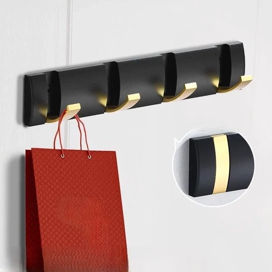 Capocassettone da parete con porta oscillante, capocassettone con ganci estensibili, grucce spaziali in alluminio, barra a ganci per ingresso, bagno, cappello, asciugamano - Nero Oro-4 ganci