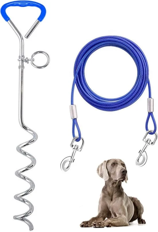 Cavo e palo per recinzione canina, esterno, giardino e campeggio, per cani di taglia media a grande fino a 57 kg, palo da 16", cavo da 32/30/25/20/16/15/10/6 m con molla resistente e ganci metallici per esterno (20 ft) - blu - 6,1 m