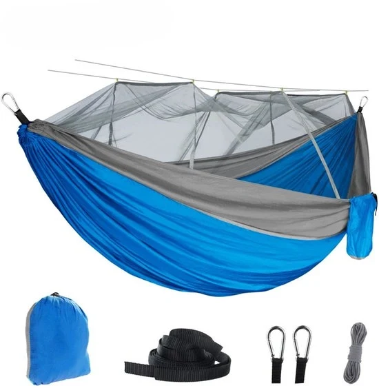 Hangmat da bagno, portatile e singola e doppia con rete, lettino da bagno 2 posti con 2 pezzi di cintura 10ft, ideale per escursioni, sopravvivenza e viaggi - Blu Grigio