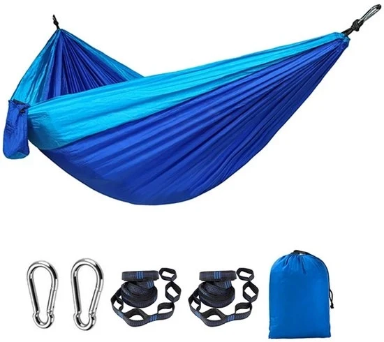 Hangmat da bagno leggera, tenda da campeggio portatile con cinturoni per albero, doppia o singola rete, materassino da campeggio in nylon, accessori da esterno per escursioni e camminate - Blu scuro Blu chiaro