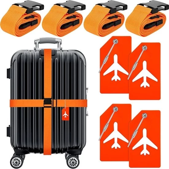 Set di cinture per bagaglio 8 pezzi - 4 cinture per valigia regolabili - 4 etichette per bagaglio in silicone con carte di identità - cinture per bagaglio - cinture per impacchettare bagaglio - accessori per viaggi - colore arancione