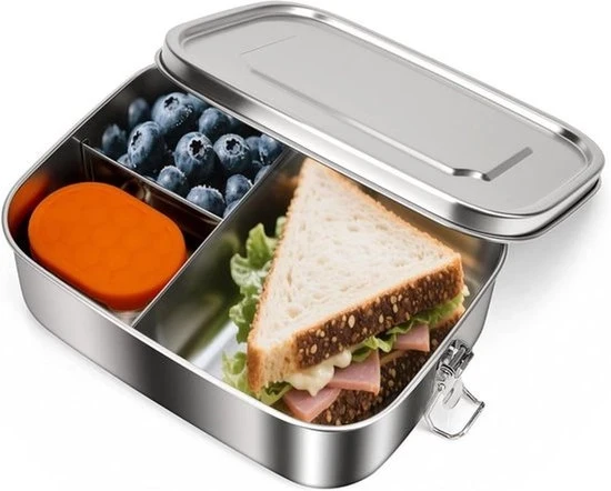 304 di metallo inox con contenitore per salse, grande capacità, 3 compartimenti, contenitori di alimenti a prova di fuga - box da pranzo per la strada - ecosostenibile e duraturo - adatto per cibi caldi e freddi - argento