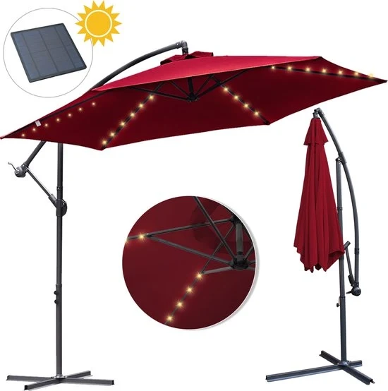 Ombrellone a vento - Ombrellone solare LED - Ø 300cm - 3m - Ombrellone da giardino - Energia solare - Rosso - Rotante e inclinabile - 360° girevole - Ombrellone a vento duraturo - Con piede