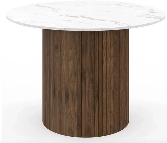 Tavolo da pranzo rotondo per 6 persone con piede centrale, effetto lamellare di noce e superficie da tavolo con effetto marmo bianco 110 cm