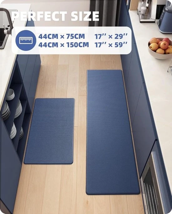 Tappeto da cucina, set di tappetini antiscivolo lavabile, (44 x 75 cm + 44 x 150 cm, Blu)