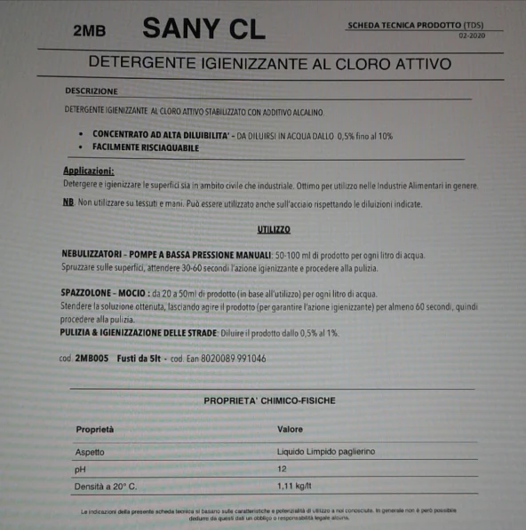 Igienizzante per superfici 5 litri SANY CL al cloro attivo Faren