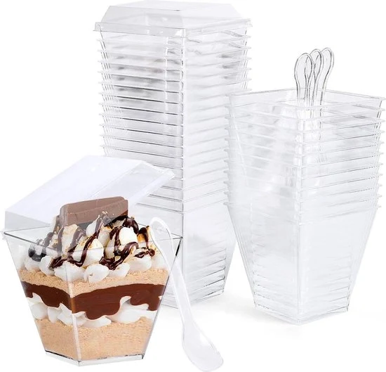 Set di dessertiere in plastica riutilizzabili con coperchio e cucchiai, 240 ml, insieme per dessert e feste