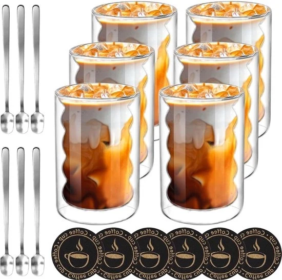 Tazze per Latte Macchiato 350 ml con Cucchiai e Assortimenti per Piatti - Vetro Borosilicato a Doppia Parete - Cappuccino Latte Tè Caffè