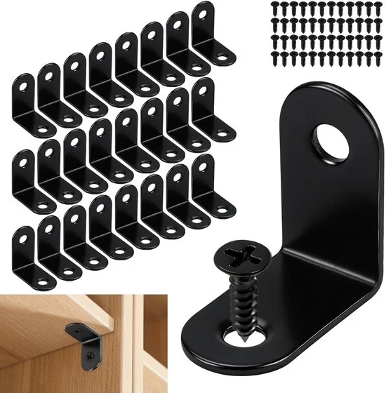 Connettori angolari in acciaio inox nero, 24 pezzi, 30 x 30 x 16 mm, connettori angolari a 90 gradi, angoli per tavoli, sedie, armadi.