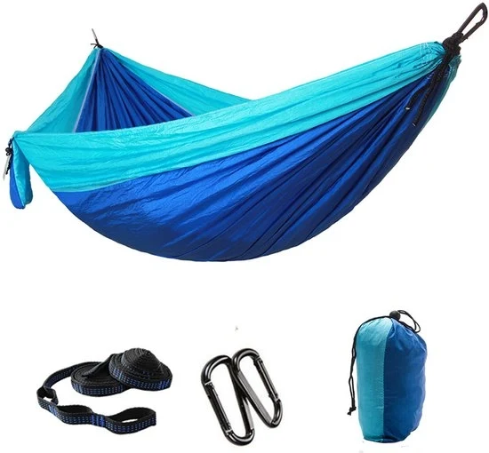 Hangmat da Campeggio - 270x140cm - Materiale Ultraleggero - Telaio in Nylon Durevole - Due Cinturoni di Sospensione da 10ft - Sedia a Sospensione per Interno - Accessori da Campeggio per Esterno (Capacità 330lbs) - Blu Celeste e Blu