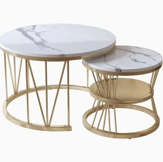 Set di 2 Tavoli da Salotto a Rondi con Struttura in Metallo e Foglia di Marmo – 70x70x45 cm – Set di Tavolo da Soggiorno Moderno