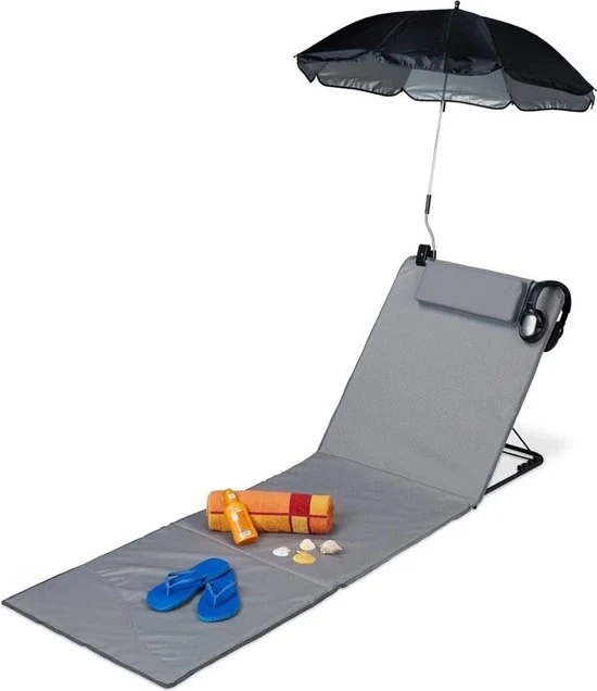 Beach Chair con Ombrello - Cuscino Regolabile e Borsa - Portatile - Sedile da Spiaggia Flessibile in Grigio