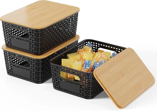 Set di 3 scatole di archiviazione - versatile e stile - 3 pezzi - nero - plastica con coperchio in bambù