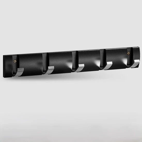 Capocassettina adesiva alla parete, porta oscillante, capocassettina con ganci estensibili, grucce spazienti in alluminio, barra a ganci per ingresso, bagno, cappello, asciugamano - Nero argento-5 ganci