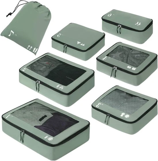 Set di 7 borse per organizzare la valigia - Accessori per il viaggio in tessuto riciclato - Borse per scarpe per viaggi - Borsa per organizzare - I sacchi della valigia organizzatrice - Set di valigetta - Organizzatore di valigia in materiale verde