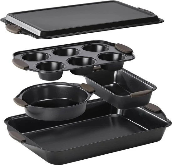 Set di 5 Forme per Dolci – Forma per Torta, Forma per Muffin, Forma per Pane e Piatto per Cucina – Con Maniglie in Gomma – Antiaderente – Resistenti al Forno e al Lava Vasellame