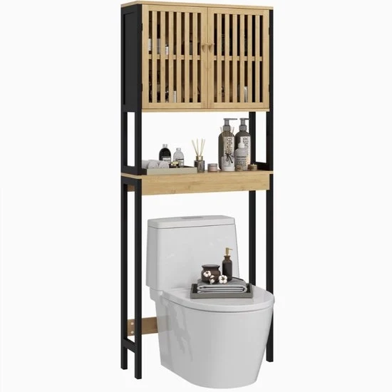 Cassettiera per Bagno – Armadio Bagno con 2 Porte e Lavello Aperto – Bambù e Metallo – 60x21,5x172 cm – Legno Naturale/Nero