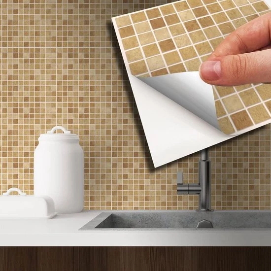 Tegelstickers Autoadesivi - Decorazione Acquatica per Cucina, Bagno, Salotto - Marmo Boticcino Mosaico Disegno - Set da 24 Pezzi - 15 Cm - Marrone Tegel Autoadesivi