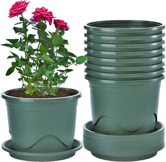 Pentole per Piante in Plastica 16 cm - Contenitore per Piante Bonsai - Vaso per Piante da Giardino con Disco - 6 Pezzi (Verde) Vaso per Piante