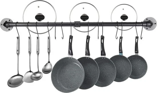 Keuken gebruiksvoorwerp Rack 100cm Industriële Pot Bar Wandmontage - Afneembare Pannen Hanger Zwarte Pijp - met 14 Afneembare S Haken ophangrek keukengerei