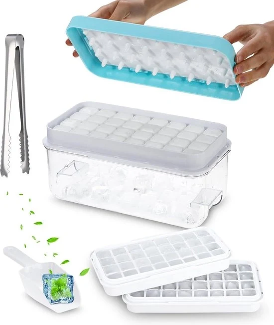 Supporto per cubetti di ghiaccio con coperchio - miscelatore di ghiaccio - spatola per ghiaccio - clip per ghiaccio - bevanda refrigerata - facile da comprimere - 64 cubetti di ghiaccio