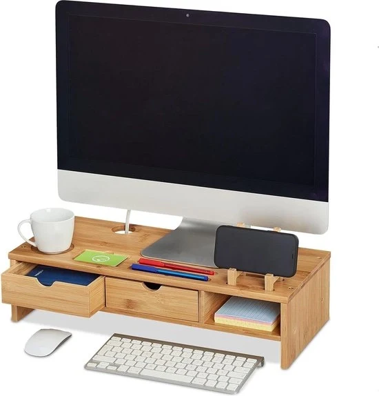 Supporto per monitor in bambù con spazio aperto e 2 cassettoni - elevazione per monitor e laptop - 13 x 54 x 23 cm naturale