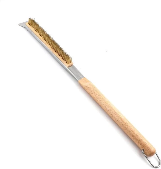 Spazzola per forno a pizza con schiacciatore - Manico lungo 55,5 cm - Ottone setole