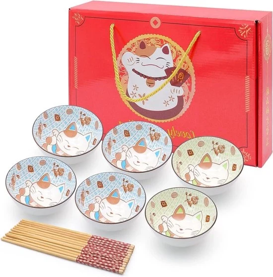 Set di Piatti per Cereali Dessert in Ceramica con Disegno Gatto Fortunato - 6 pezzi - 10oz/300ml