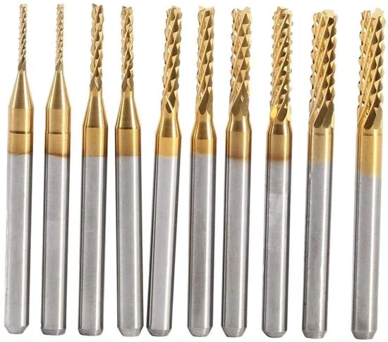 Set di Fruste in Titanio con Verniciatura - 10 pezzi - Set di Bit per CNC - 1.0-3.0mm - Acciaio Cementato - Gergi per Snodi e Gravure