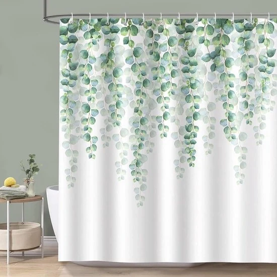 Douchegordino a foglie di eucalipto - Pianta verde - 180 x 200 cm - Polyester - Impermeabile - Lavabile - Bagno - 12 ganci - Douchegordino per vasca da bagno