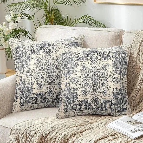 Set di cuscini boho - Disegni retro - Confezione da 2 - 40x40 cm - Lino