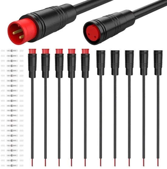 5 paia di cavi di allungamento acqua-resistenti per biciclette elettriche con connettore a 2 poli, 20 cm di connettore e cavo con 20 pezzi di guaina a compressione.