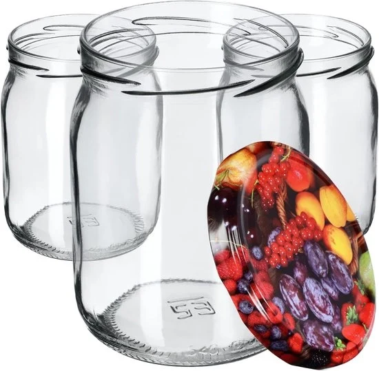 Set di 8 Ciotole di Conservazione 580 ml – Ciotole di Vetro con Tappo a Viti Ø82 mm – Ercolano per Miele, Verdure e Frutta – Coperchio a Strisce Rosse