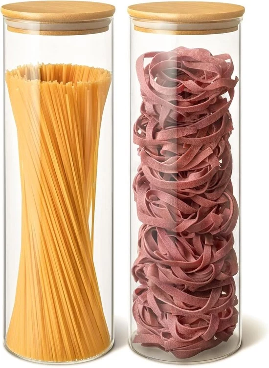 Set di contenitori in vetro da 2 - Contenitore per spaghetti in vetro da 1900ml con coperchio in bambù a tenuta di aria