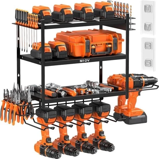 Organizzatore di Magazzino a Parete da Appendere - Supporti per Trapano Magazzino di Fai da Te - 4 Livelli Organizzatore di Fai da Te - Sostegno Stabile e Robusto per Strumenti - Supporto per Strumenti in Acciaio Nero