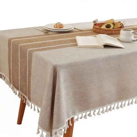 Tavolo quadrato con tovaglia di lino di cotone - Duraturo, impermeabile, soffice e liscio - Con pennelli - Adatto per cucina, sala da pranzo, festa, festival, decorazione da tavolo - 140x220cm