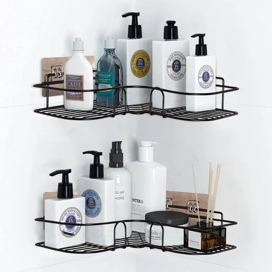Pannelli per angolo della doccia, Pannelli per la stanza da bagno, Senza perforazione, Organizzatore e archiviazione per la stanza da bagno con acciaio inossidabile, Accessori per la cucina con colla per adesivi, 2 pacchi, Nero