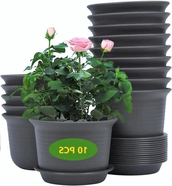 Pentole per piante in plastica 15 cm - 10 pezzi - vaso per piante con pallet di drenaggio - vaso per giardino interno (nero grigio)