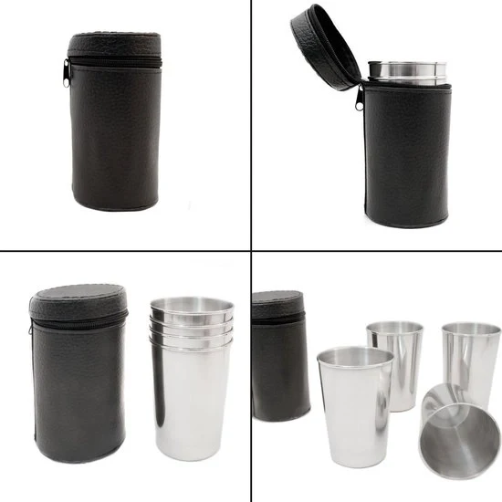 Set di 4 tazze in acciaio inossidabile - resistenti all'urto - in borsa di pelle