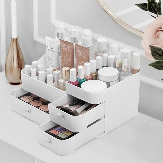 Organizzatore per Cosmetici Grande Bianco - Prodotti per la Cura della Pelle - Vernici da Unghie - Con Compartimenti e 3 Lavelle - Matite, Ombretti, Pennelli, Profumi.