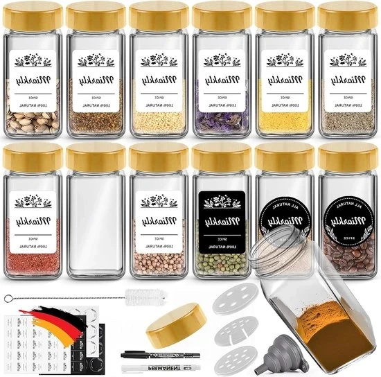 Set di contenitori quadrati per erbe da 120 ml - coperchio in bambù di alta qualità - con dispositivo di dispersione e imbuto - inclusi etichette per contenitori quadrati per erbe