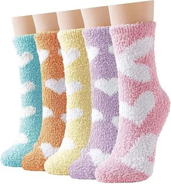 5 paia di calze accoglienti per donne | Calze invernali morbide a forma di cuore | Calze calde e soffici per la casa | Calze invernali accoglienti, morbide e spesse per la casa | Calze invernali spesse, calde con tubo medio in fleece di corallo | 36-42