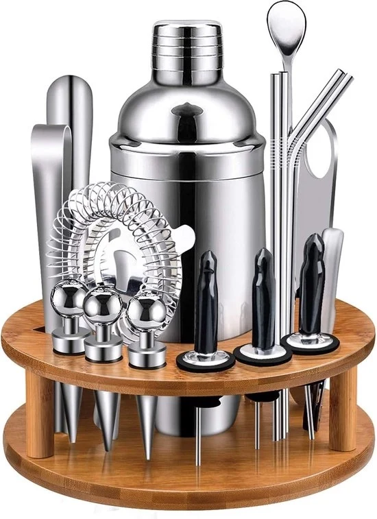 Set di shaker da cocktail - 19 accessori in acciaio inossidabile da bar con standard a bambù rotante - set di strumenti da bar perfetto per un'esperienza di mix di drink eccezionale