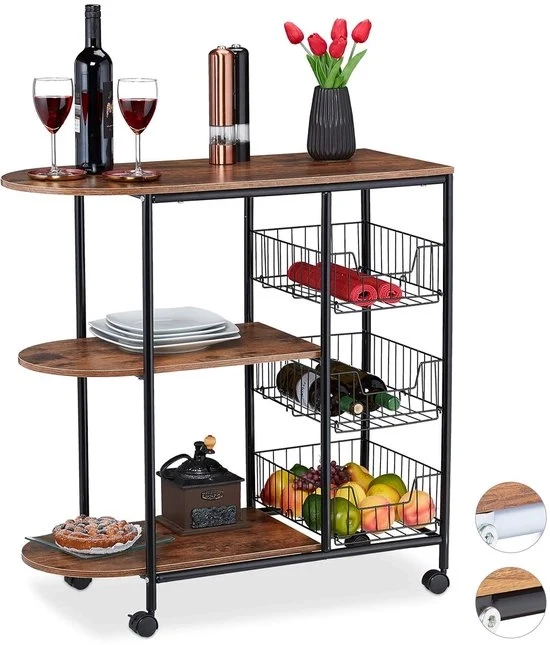 Cassa di stoccaggio per cucina con spazio di riposo - 1 pezzo - Nero e marrone - Metallo e MDF
