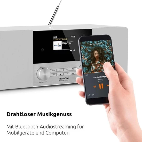 Radio Stereo Digitale con Display a Colori DAB+ FM Bluetooth Streaming Audio Connettore per Altoparlanti Bluetooth Connettore AUX Display Radiowaker con Display OLED Potenza 20 Watt RMS Altoparlanti Elac Colore Bianco